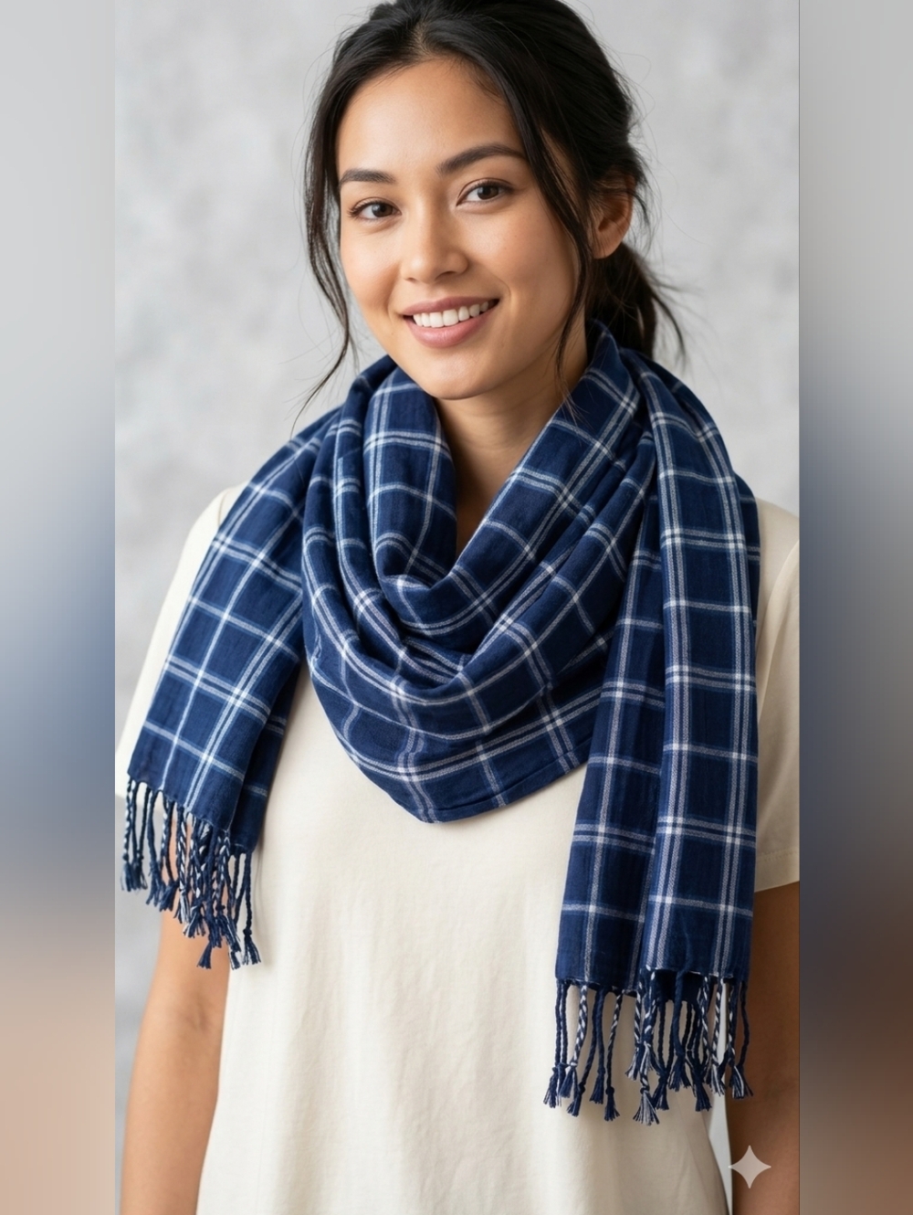 Pashmina Lightweight Cotton Wrap Shawl Royal Blue Plaid With Fringe EUC